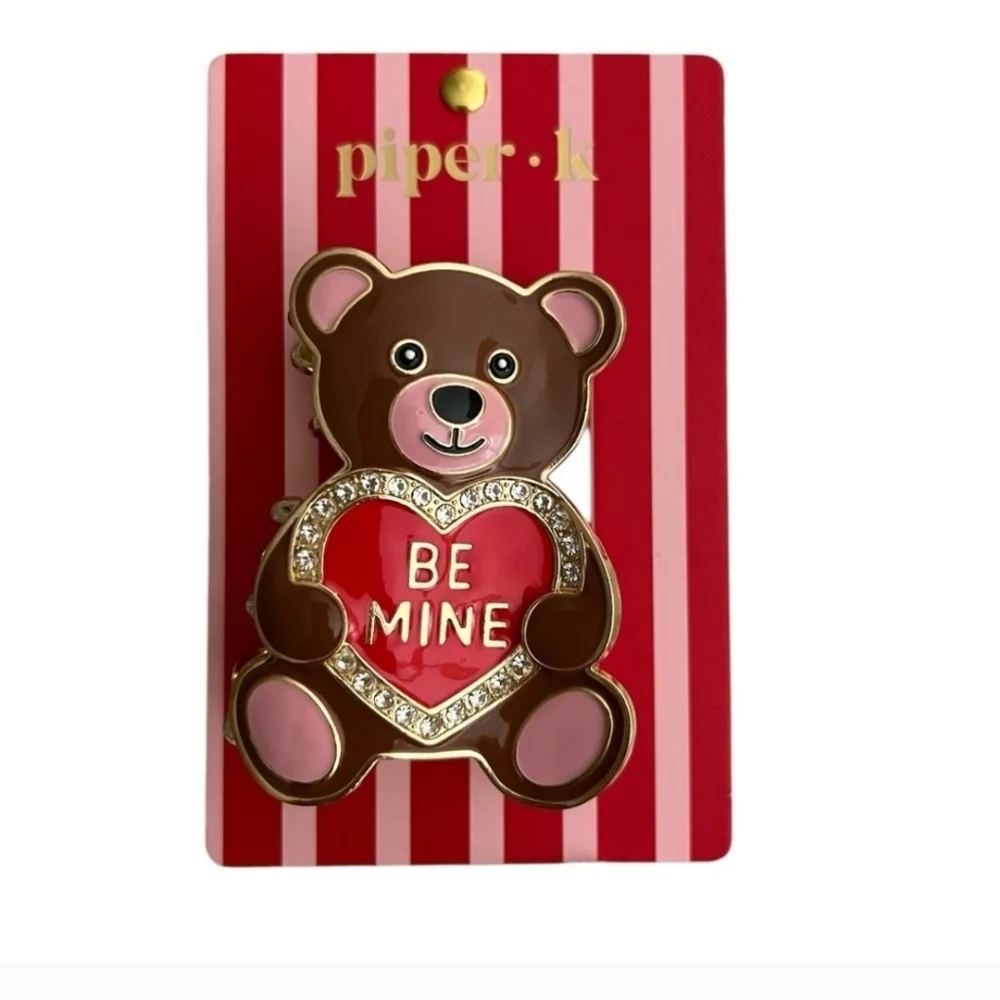 ❤️▪️Piper K▪️ Large Teddy Bear Heart Valentine’s Day Pink Red Claw Hair Clip
